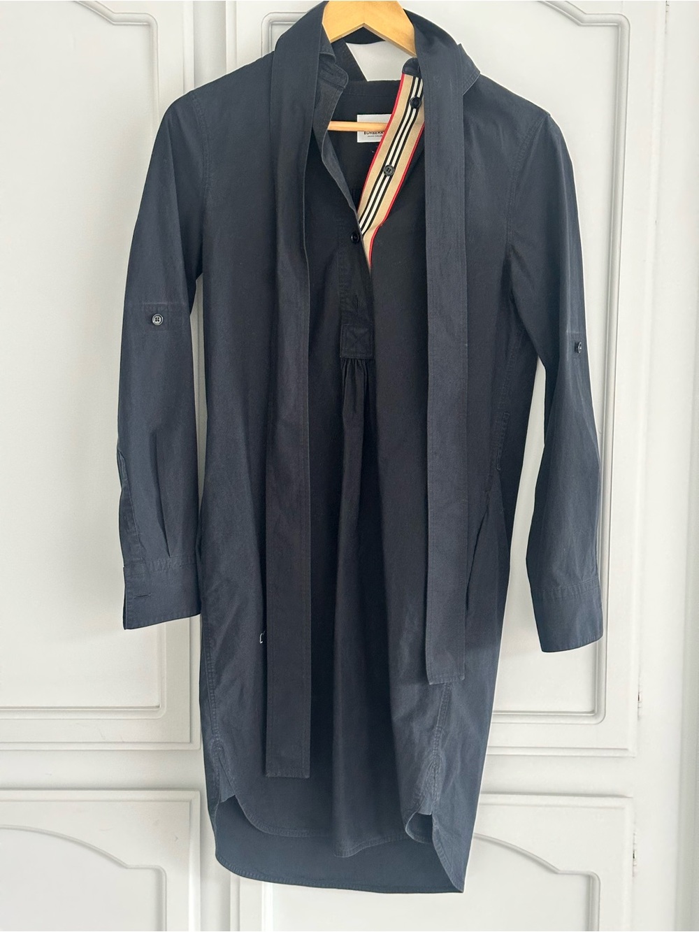 Women Navy blue Burberry Long Shirt dress with tie belt